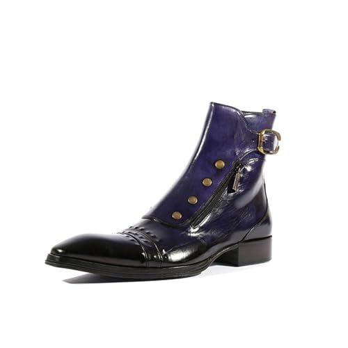 Men's Pull On Ankle Boots Chunky Block Heel Side Zipper Pu Leather Fashionable Durable Western Cowboy Boots Unisex Retro Classic Short Boots For Spring Fall ( Color : Blue , Size : 15 Women/13.5 Men )