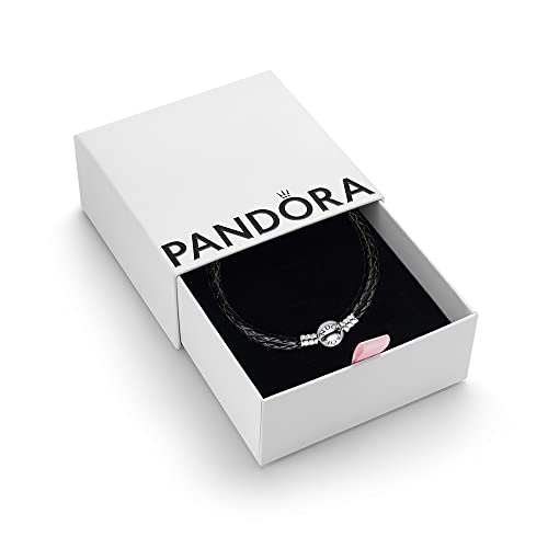 PANDORA Moments Womens Sterling Silver and Leather Black Leather Bracelet for Charms Size 38 With Gift Box