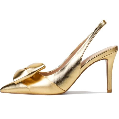 Image of Women's Slingback Heels with Bow Leather Pointed Toe Pumps with Elasticated Strap 3.3 inch High Heels Evening Comfy Dress Shoes
