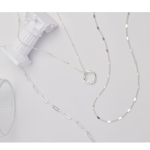 Poxtex Silver Layered Necklaces For Women,925 Sterling Silver Dainty Stackable Choker Necklaces For Women,Trendy Layering Circle Paperclip Chain Pendant Necklace Set Jewelry Gifts For Women thumb #6
