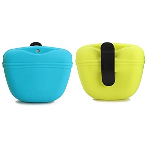 RoyalCare 2PCS Dog Treat Pouch, Silicone Dog Training Bag Portable Dog Treat Bags with Magnetic, Closing and Waist Clip, Blue and Green Cover
