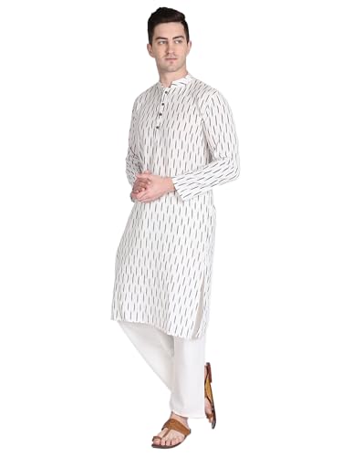 Men's Cotton Handloom Kurta Long Ikat Khadi Kurta Mandarin Collar Full Sleeves Side Split Indian Tunic Ethnic Wear for Wedding Party - Medium (White)3