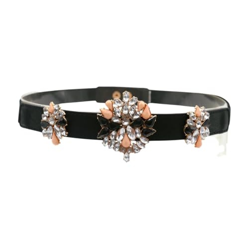Trendy Fashion Jewelry Women Black Elastic Skinny Belt - Bling Holidays Winter Pink Flower Charms S M4