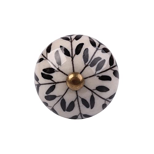 Kit 6 Puxadores Redondo Artesanal em Cerâmica Metal Estampa Floral Folhado para Gavetas Armários Móv