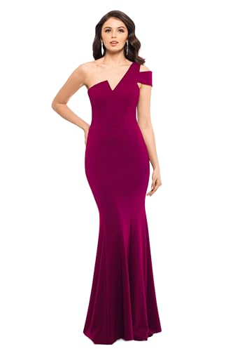 Betsy & Adam Women's Long One Shoulder Sleeveless Stretch Scuba Crepe Sheath Gown, Burgundy, 14 : Clothing, Shoes & Jewelry