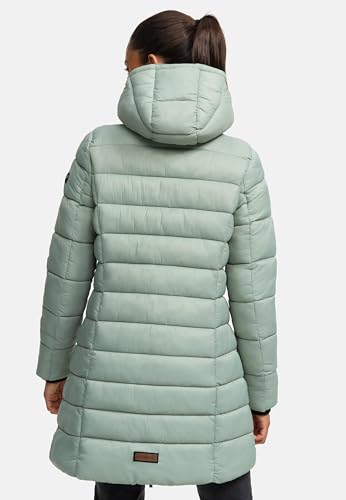 MARIKOO Damen langer Wintermantel warmer Steppmantel mit abnehmbarer Kapuze Abendsternchen Smokey Mint Gr. L