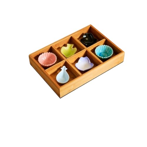 木製 九宮格料理ボックス 和風多格寿司プレート デザート・前菜・お菓子用 竹製仕切り付き寿司皿 盛り付けトレイ 高級料亭・寿司屋向け 食卓用おしゃれ食器 (6穴-大+小皿)