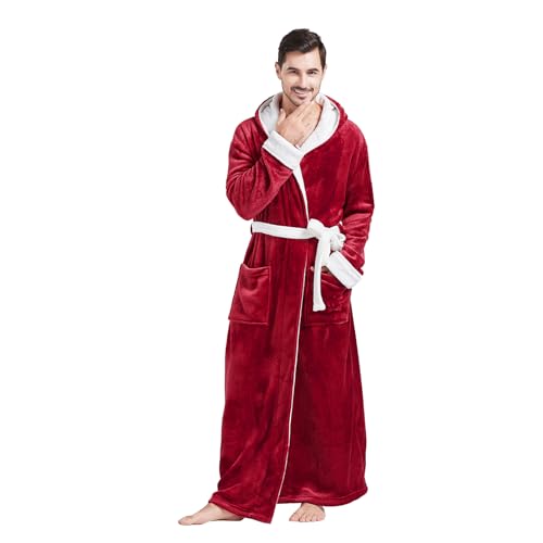 Image of FashGudim Mens Robes Big and Tall with Hood Two-Tone Flannel Fleece Contrast Bathrobe Full Length Plush Long Robe House Coat