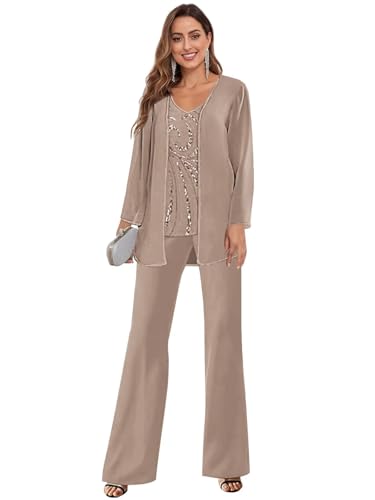 BANTRATIC Taupe 3 Pieces Outfits Sets Dressy for Wedding Petite Long Sleeve Grandmother of Bride Pant Suits with Jacket Size 4