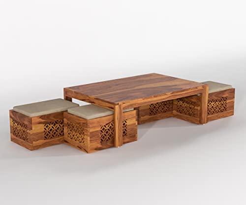 Image of Sheeshsam Wooden Coffee Table with 4 Stools for Living Room - Solid Wood Coffee Table with Cushion Seating Stools Tea Table Teapoy Center Piece for Home Sofa Center Table (Norris Honey)