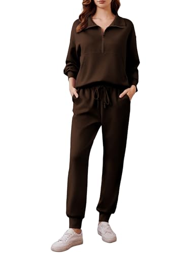 Image of PINSPARK 2 Piece Sets for Women Long Sleeve Half Zip Tracksuit Jogger Sets | 2026 Fall Travel Outfits Lounge Set, Lightweight Soft Air Layer Fabric, Kangaroo Pocket Sweatshirt, Drawstring Joggers Pants