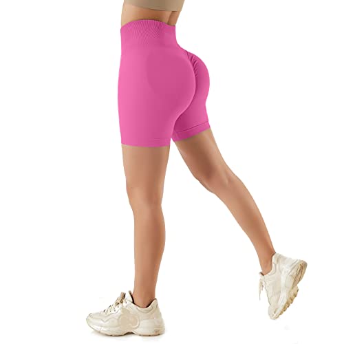 Xunerloy Seamless Gym Shorts for Women Scrunch Butt High Waisted Ruched Booty Shorts Pink for Cycling/Biker/Yoga/Workout, Tummy Control Anti Chafing Soft Opaque, S