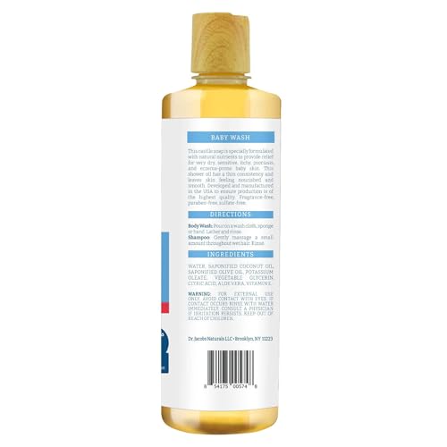 Dr. Jacobs Pure Castile Baby Wash - Effective Body Wash to Relieve Baby Eczema - Gentle Shampoo and Unscented Soap for Sensitive Skin, and Hypoallergenic - 16 oz