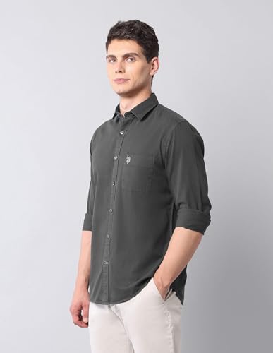 Image of U.S. Polo ASSN. Solid Slim Fit Shirts for Men - 100% Cotton, Full Sleeve Mens Casual Shirts