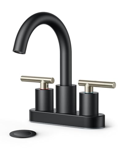 Image of FORIOUS 4 Inch Centerset Bathroom Sink Faucet Black and Brushed Nickel, 2 Handle RV Bathroom Sink Faucet Matte Black 4 inch with Pop Up Dain, 24 in Hot and Cold Water Hoses, and 360 Degree Swivel Spout