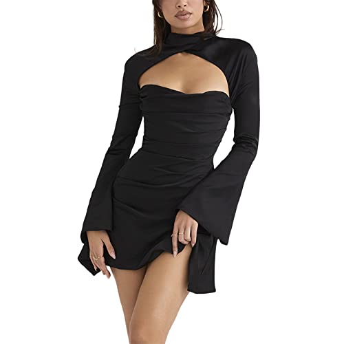 Qtinghua Sexy Mujeres Halter vestido Flare manga larga Backless acanalado hueco OutMini Bodycon vestido, Negro, S Cover