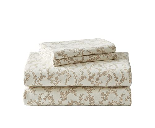 Image of Laura Ashley - Flannel Sheets Full Size, Anti-Pilling & Wrinkle Resistant Cotton, Touchably Soft for All-Season Comfort - Bed Sheets with Matching Pillowcases & Fitted Sheet (Victoria Beige)
