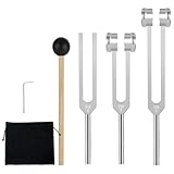 STIMMGABELN FÜR HEILUNG SET (128HZ, 256HZ, 512HZ), 3-TEILIGES SILBER STIMMGABEL KIT MIT REFLEXHAMMER, KLANGTHERAPIE, CHAKRA, YOGA &AMP; MEDITATION WERKZEUGE, GESCHENK FÜR FRAUEN