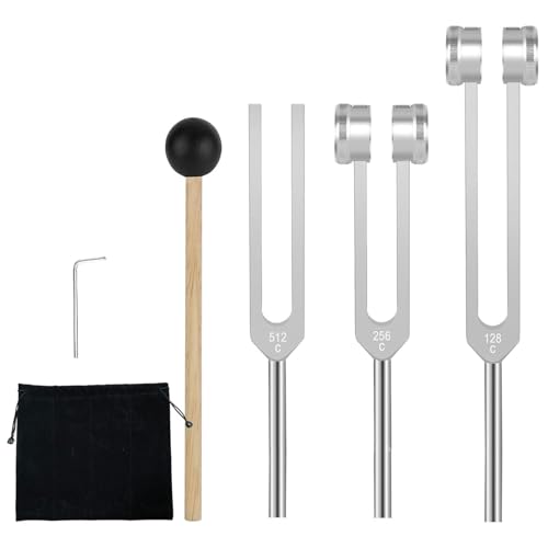 Stimmgabeln für Heilung Set (128Hz, 256Hz, 512Hz), 3-teiliges Silber Stimmgabel Kit mit Reflexhammer, Klangtherapie, Chakra, Yoga & Meditation Werkzeuge, Geschenk für Frauen
