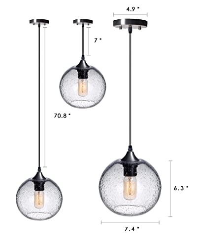 ARIAMOTION Pendant Lights Kitchen Island 3 Pack Hand Blown Glass Modern Farmhouse Lighting Clear Seeded Bubbles Dining Room Table Coffee Bar Counter Brushed Nickel Globe Shape 7.5 Inch Diam - Image 7