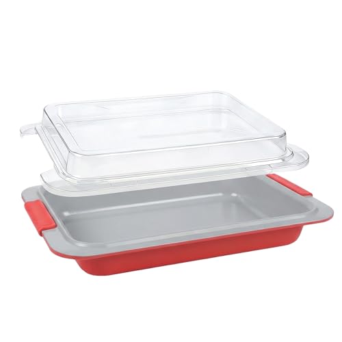 9x13 Baking Pan with Lid Deep Nonstick Covered Cake Pan for RV & Convection Oven Heavy Duty Warp-Resistant Pan with Silicone Handles Snap-On Cover for Meal Prep Storage Transport (Coral Red)