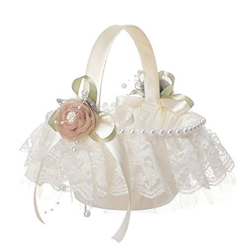 Fofetbfo Cesta de flores de boda para niña, cesta de flores de encaje blanco con rosa de seda y perlas, elegante cesta de flores de satén para decoración de fiesta de ceremonia de boda