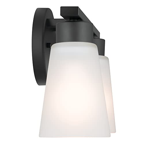 Image of Kichler Stamos 2-Light Bathroom Vanity Light Fixture with Satin Etched Glass Shades, Modern Wall Light in Black for over Mirror Lighting Installation, 13 in x 8 in x 5 in, 55120BK