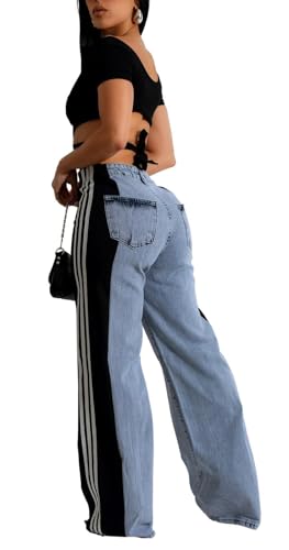 Women's Loose Denim Jeans with Patchwork Stripes High Waist Color Block Wide Leg Pants3
