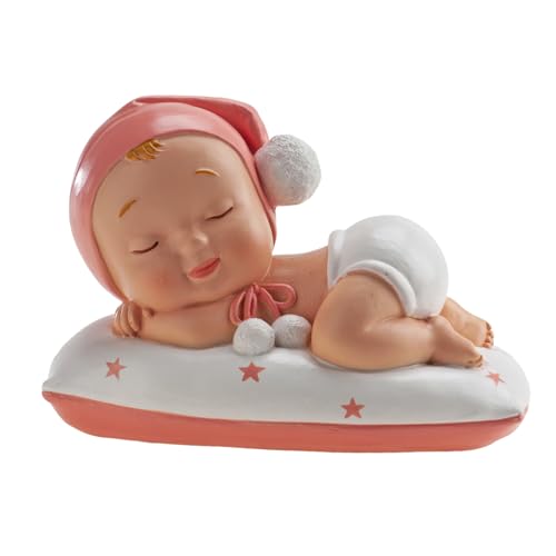 dekora – Figura Bautizo Niña dormida 10 cm, Adorno para Tartas de Bautizo y Baby Shower, Cake topper Decorativo bonito y resistente