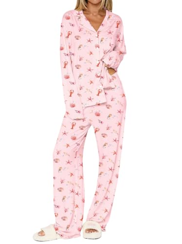 Image of Dressmine Ladies Long Sleeve Cute Pajama Sets 2 Piece Fall Outfits Button Up Pjs Set Loungewear