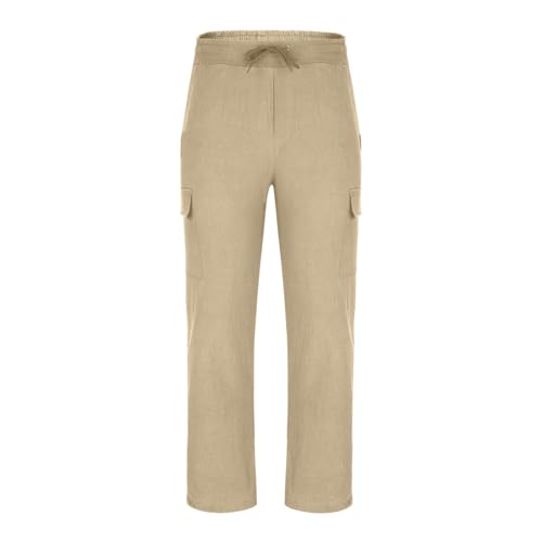 Mens Linen Cargo Pants Elastic Drawstring Waist Lightweight Summer Beach Pants Solid Color Casual Straight Trousers4
