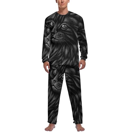 Pijama homme chat noir ensemble complet contre le froid nocturne avec pantalon fluide