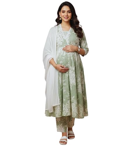 Image of DUMMY SHAPE Maternity Dresses for Women Cotton | Floral Kurta Pant Dupatta Set with Nursing Zippers, Side Pocket | Pre & Post Pregnancy | Feeding Kurti Suit | Baby Shower | Gifts for Pregnant Woman