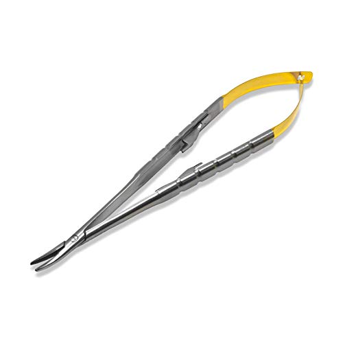 Cynamed TC Castroviejo Micro Needle/Suture Holder Driver with Tungsten Carbide Inserts and Gold Ends - Premium Grade Instrument (5.5 in. Curved Jaws)