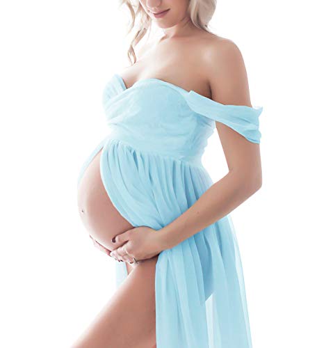 Maternity Dress For Photography Off Shoulder Chiffon Gown Split Front Maxi Pregnancy Dresses For Photoshoot (Sky Blue, Xl) #TOP3