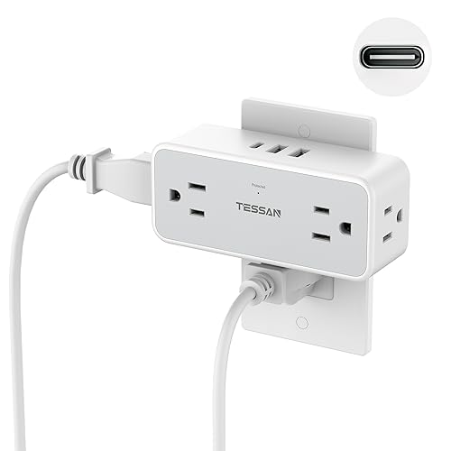 Multi Plug Outlet Splitter, TESSAN 4 Wall Outlet Extender with 3 USB Wall Charger(1 USB C), Surge Protecter 900J, Widely Spaced Multiple Plug Expander 900J - 2 USB-A + 1 USB-C Grey