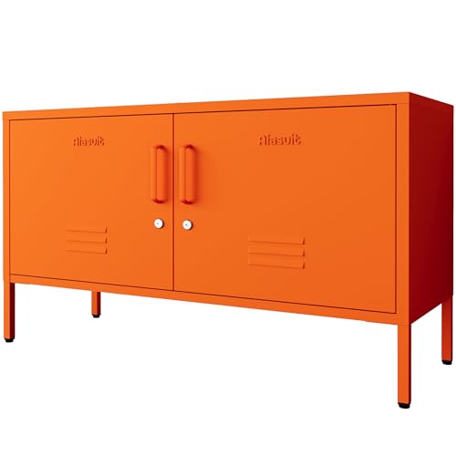 Aiasuit Orange Metal Accent Cabinet Locker with Lock, 2-Door Wide Storage Cabinet, Adjustable Shelves, Multifunctional TV Stand & Entertainment Center for Bedroom, Living Room