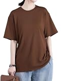 [Bear's Hut] Tシャツ レディース 半袖トップス 綿100％ 【夏定番半袖Tシャツ・肌なじみ良い】 透けない 程よい厚み ゆったり クル―ネック 夏tシャツ 快適 無地 シンプル 重ね着 カットソー 体型カバー 春夏 (JP, アルファベット, 2XL, コーヒー)