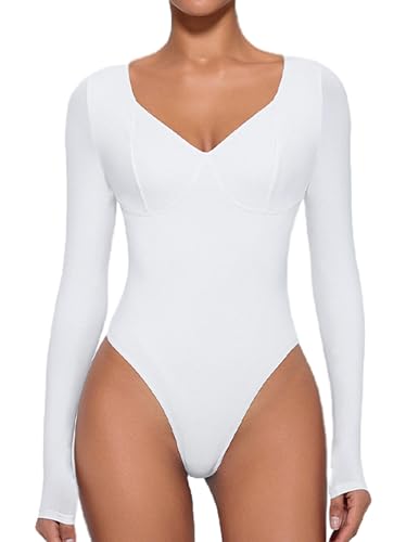 Image of Avidlove Bodysuit for Women Long Sleeve Double Lined Tank Top V Neck Bodysuit Tummy Control Shapewear