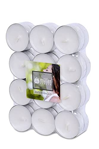 Mller Scented Tealight Candles - Scent: Anti-Tobacco - Pack of 24 Colored Tea Lights - 4 Hours Long Burning Small Candles - White Dripless Wax - 39 15 mm - Made in Germany - RAL Quality - Image 2