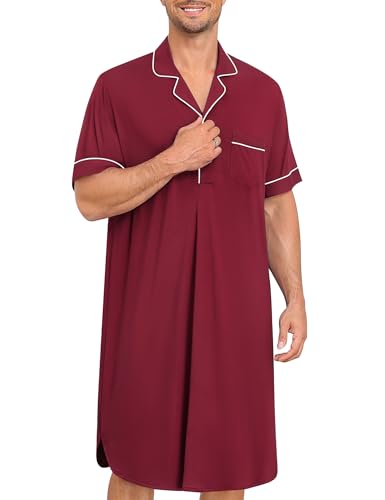 SWOMOG Mens Nightshirt Short Sleeve Nightgown Big & Tall Sleep Shirt Button Down Pajama Comfy Sleepwear Wine Red XX-Large