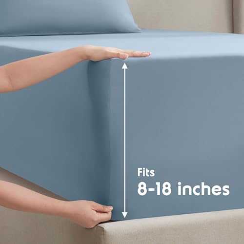 Image of Nestl King Bed Sheet Set - Stone Blue - 4-Piece Deep Pocket | Instantly Soft, Night-One Ready (No Wash Required). Fits 16-Inch Deep Pockets, 360-Degree Elastic Grip