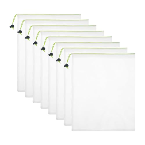 8 bolsas de malla versátiles con cordón para frutas y verduras reutilizables, con cordón para verduras frescas, bolsas de malla transparentes para guardar frutas y verduras, Blanco, Red de frutas