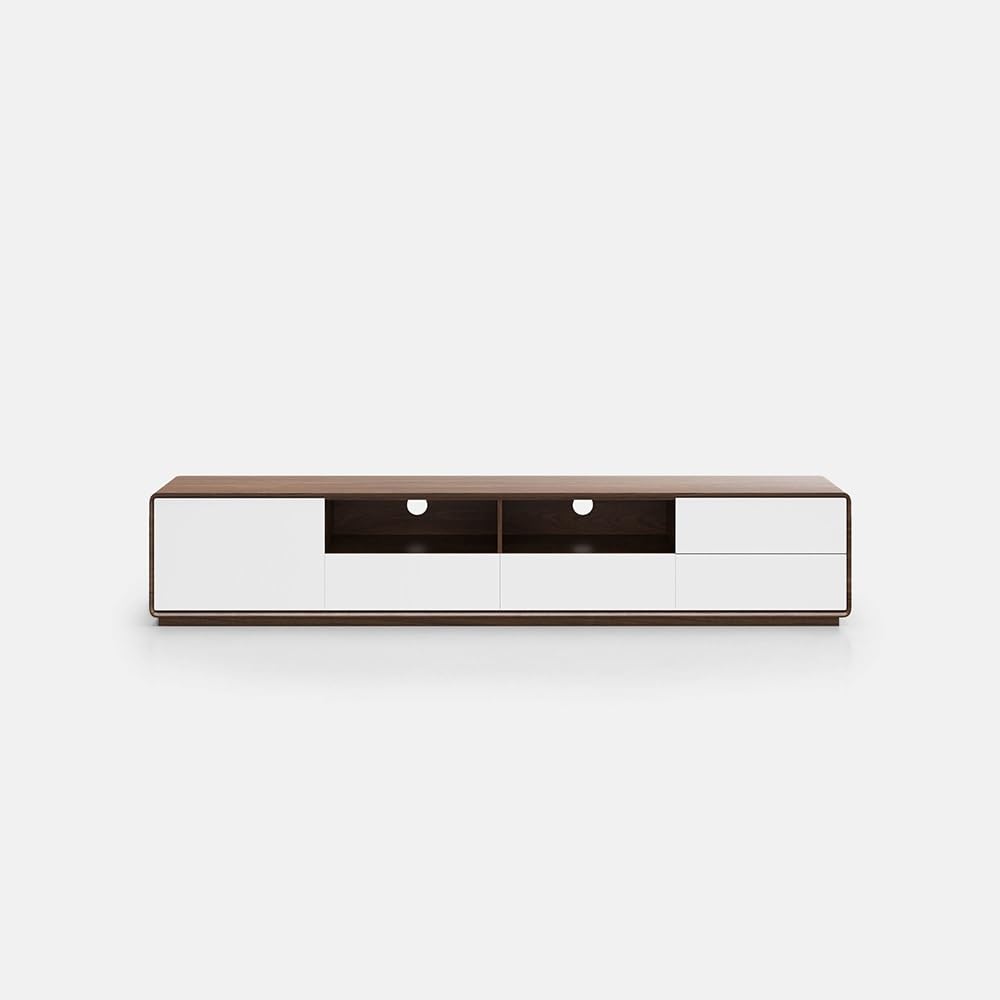 POVISON Meuble TV Moderne 200cm, Meuble TV Bois et Blanc avec Rangement 4 Tiroirs et 2 Etageres, Meuble de Salon Aucun Assemblage requis, 200 * 40 * 38cm