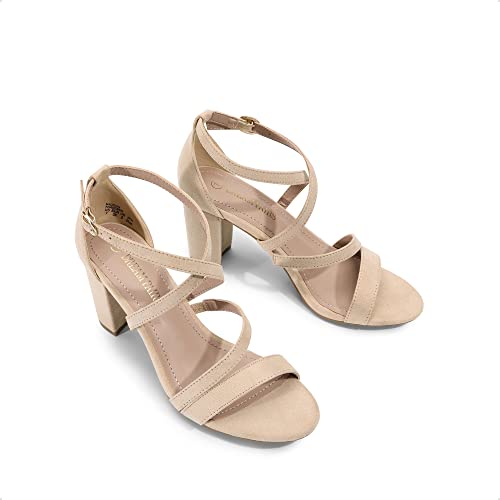 Dream Pairs Women'S Nude Suede Open Toe Cross Strap High Chunky Block Dress Pump Heel Sandals Size 8.5 Us Madison thumb #2