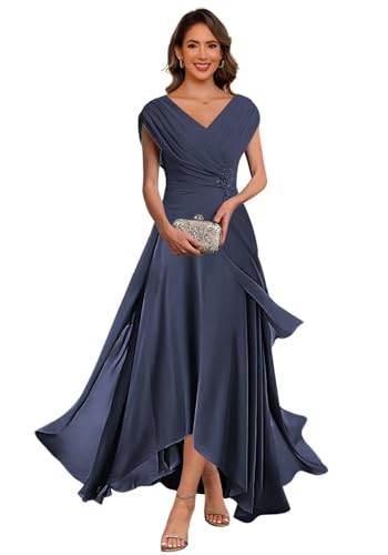 Tea Length Mother of The Bride Dresses Chiffon V Neck Wedding Guest Dress Pleated Formal Evening Gowns3