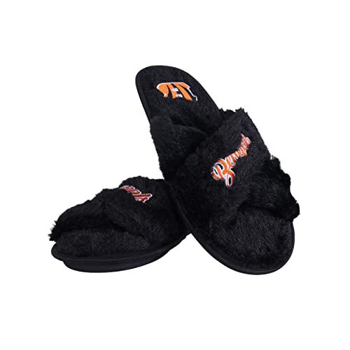 Image of FOCO Womens NFL Team Script Wordmark Fuzzy Cross Slide Slippers