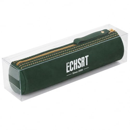 Image of ECHSRT Vintage Leather Pencil Case for Men & Women | Classic Cylinder Pen Holder | Genuine Crazy Horse Leather Pouch | Full-Grain Cowhide Organizer for Work, College, Travel (Green)