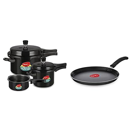 Pigeon by Stovekraft 14414 Induction Base Outer Lid Aluminium Pressure Cooker With Lid, 2L, 3L, 5L, Silver + Pigeon by Stovekraft Special Non-Stick Aluminium Flat Tawa, Black (27cm)