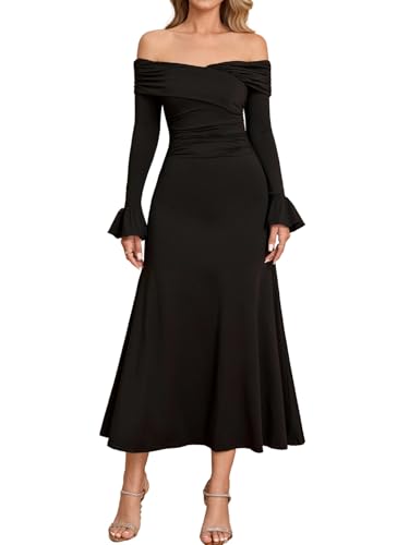 Off Shoulder Long Sleeve Ruched Midi A Line Wedding Guest Dress Elegant Cocktail Party Dress Black